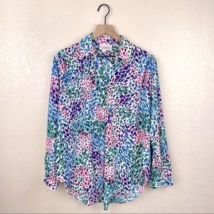 Vintage Leopard Blouse LIQUID SILK Multi-colored Animal Print Button Down Top